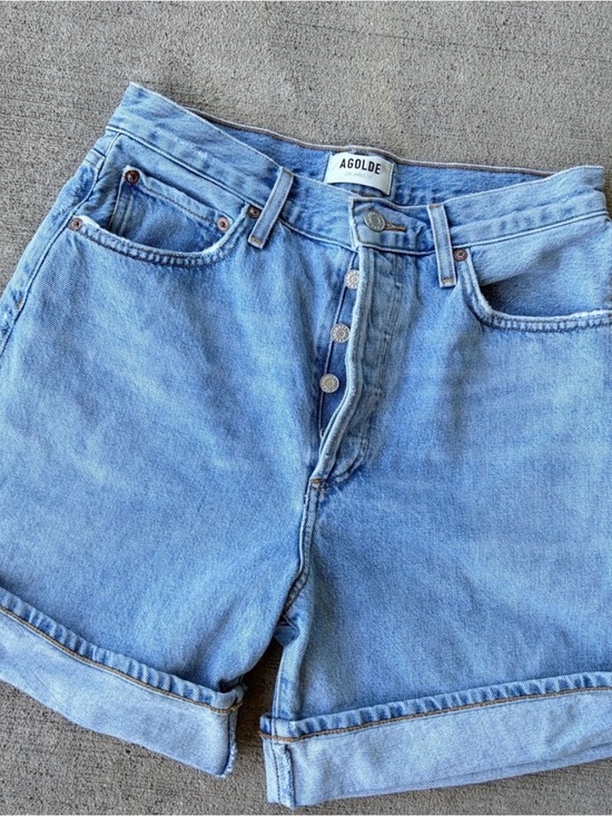 Agolde Pants - Agolde Light Blue High-Rise Asymmetrical Button-Fly Denim Shorts